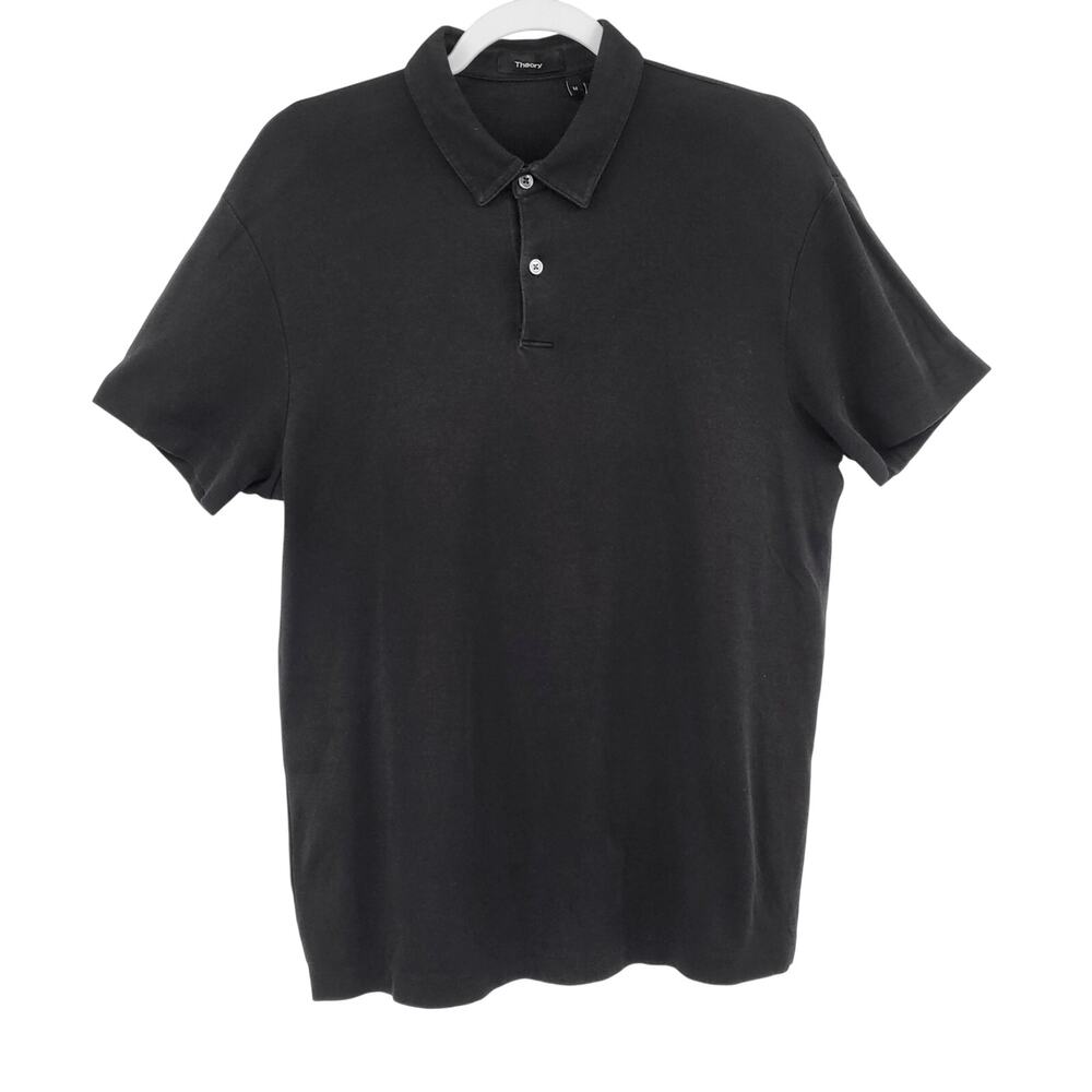 Theory Bron New Snaplight  Black Polo Shirt Classic Button Neck Collar Men's M